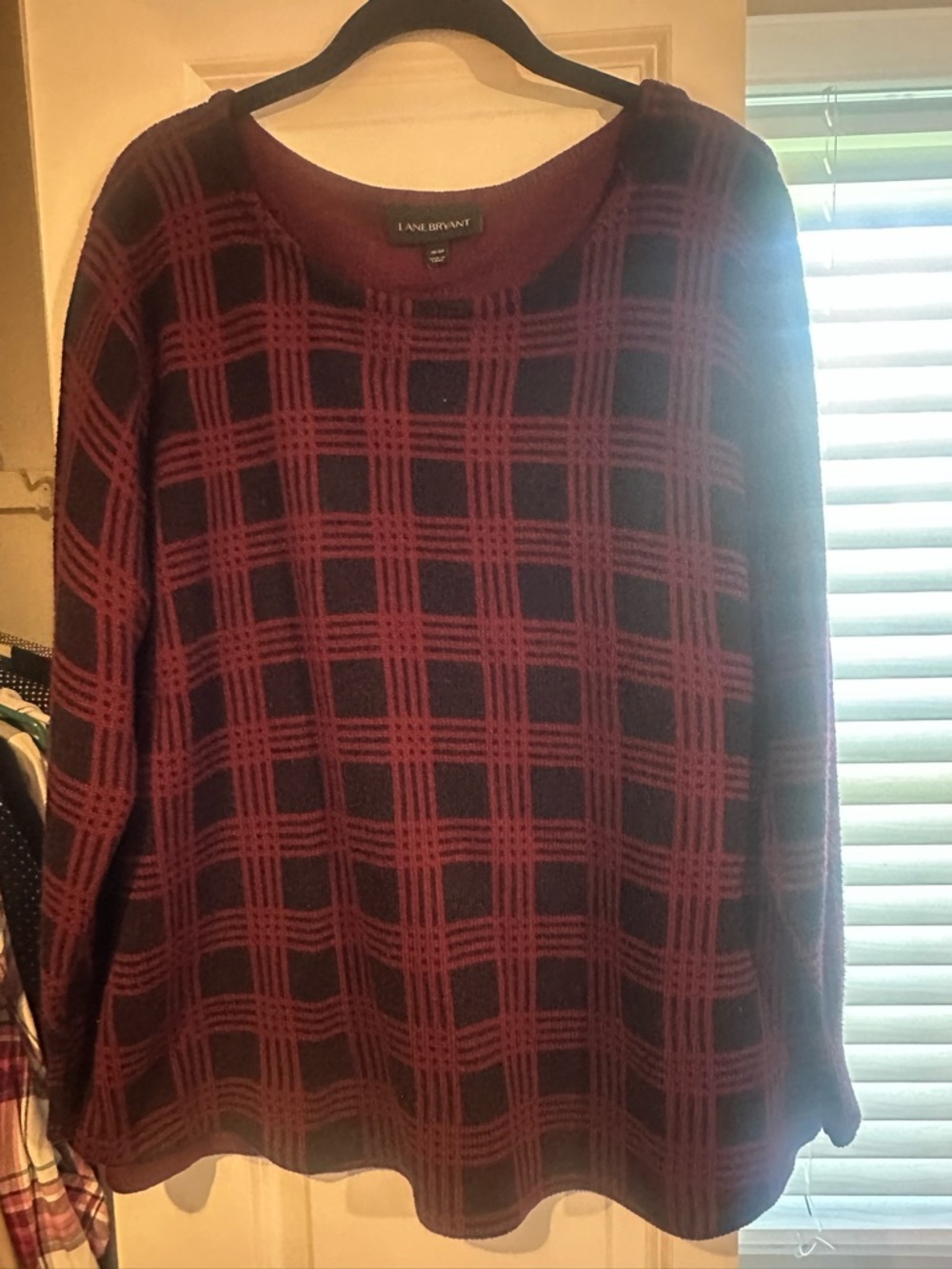 Lane Bryant Black and Burgundy Plaid Crewneck Sweater